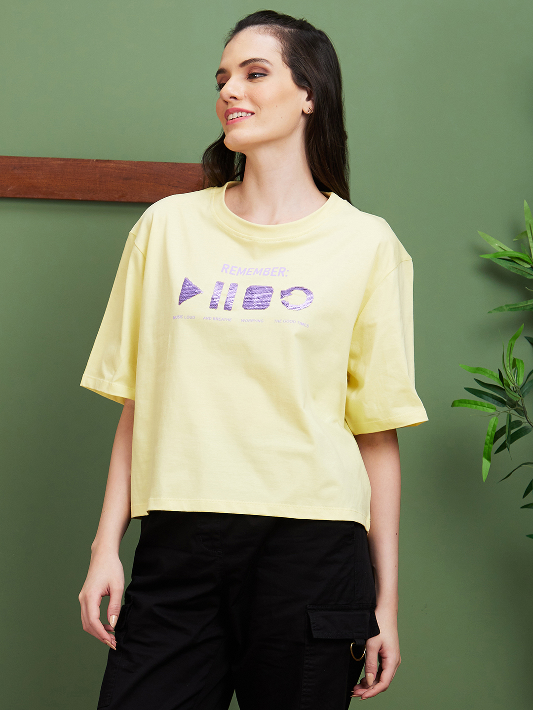 Globus Women Yellow Typography Cotton Round Neck Boxy Fit Casual T-Shirt