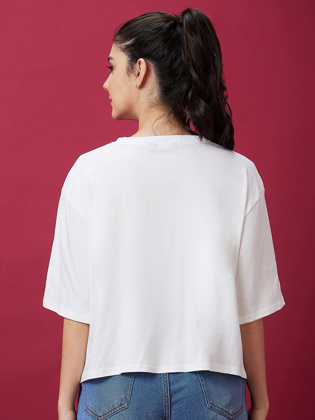 Globus Women Ivory Drop Shoulder Graphic Print Boxy Casual Tshirt