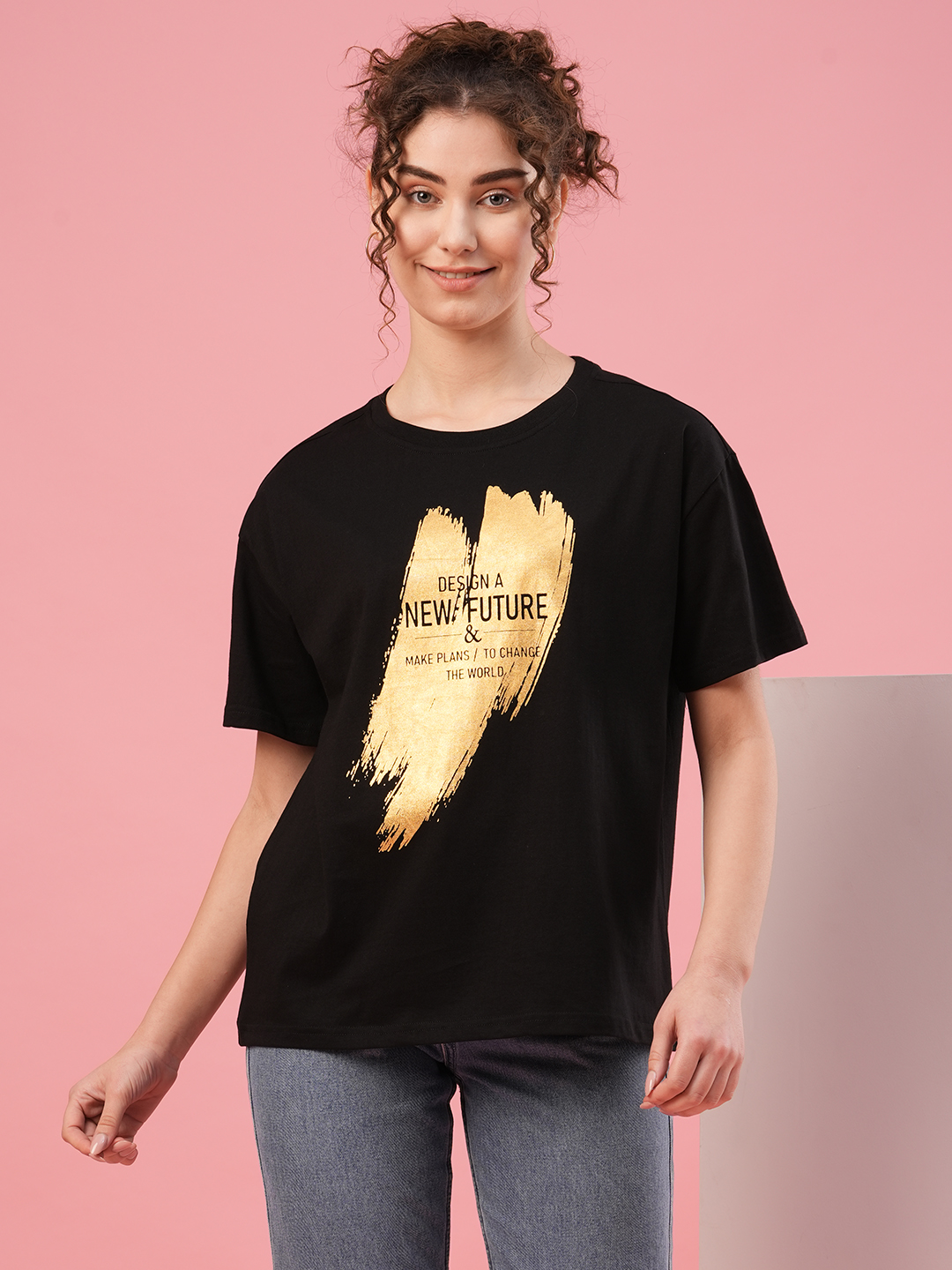 Globus Women Black Drop Shoulder Typography Printed Cotton Boxy Fit T-Shirt