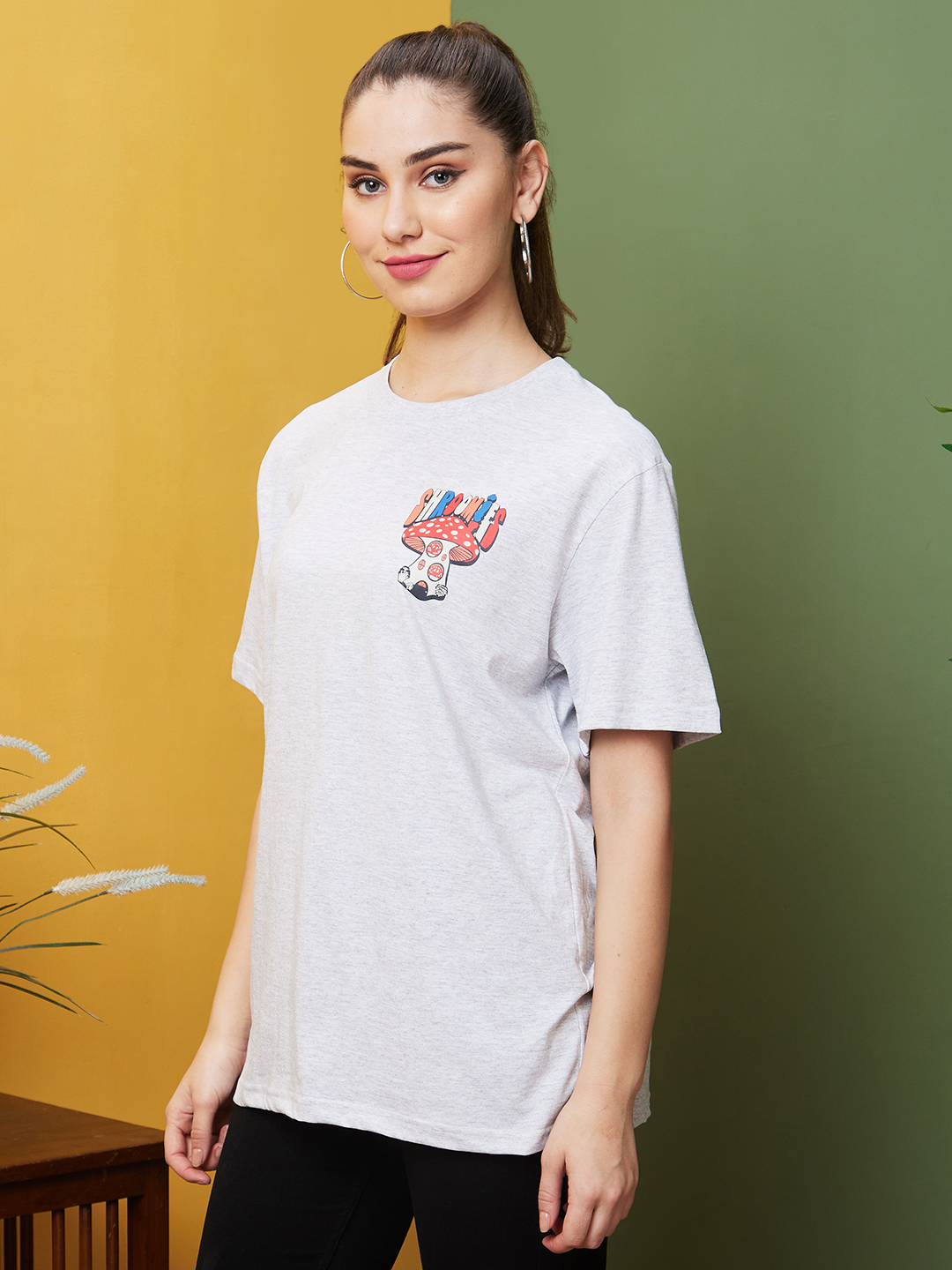 Globus Women Grey Melange Boxy Fit Graphic Printed Cotton T-Shirts