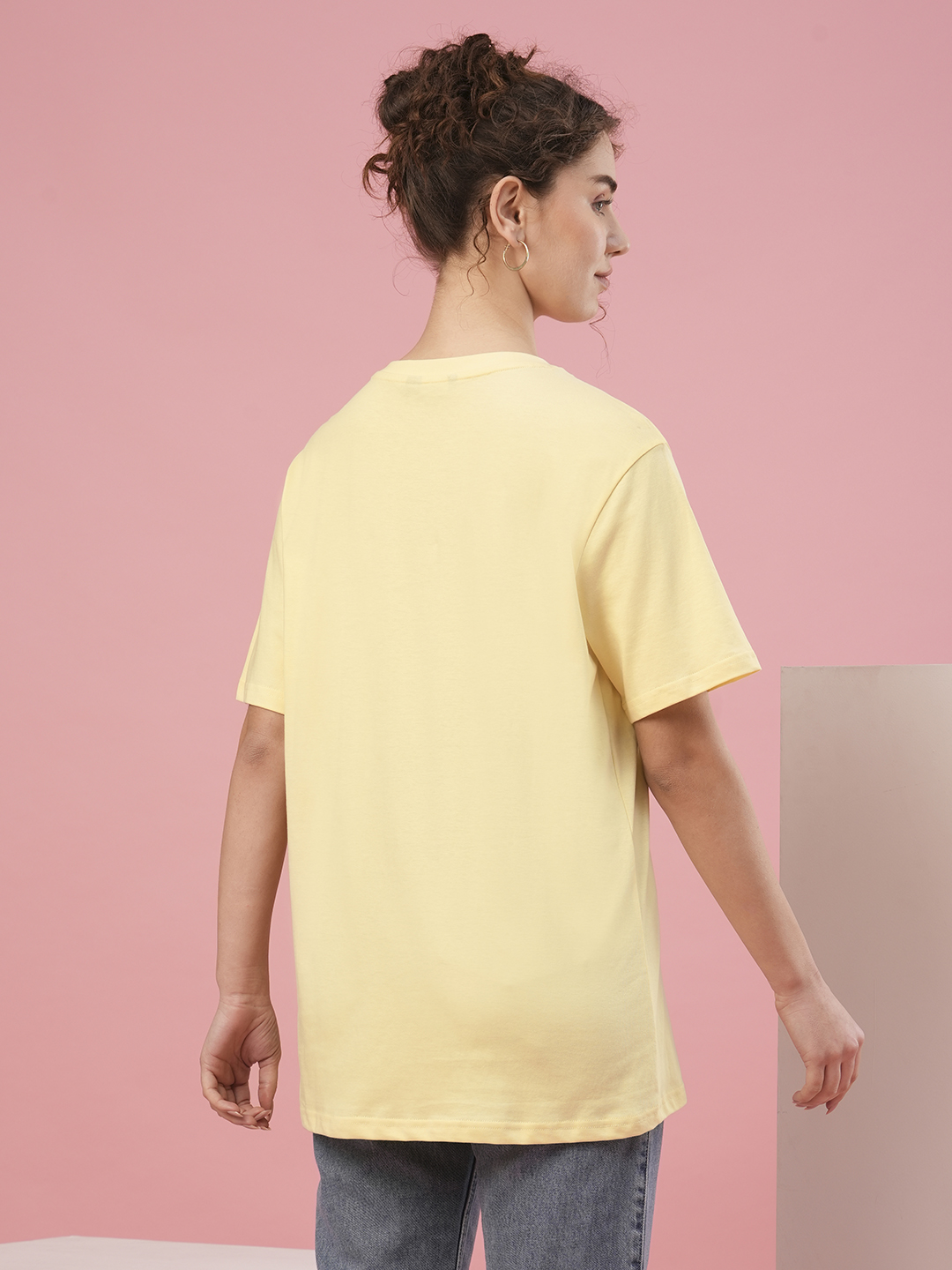 Globus Women Yellow Drop Shoulder Typography Printed Cotton Boxy Fit T-Shirt