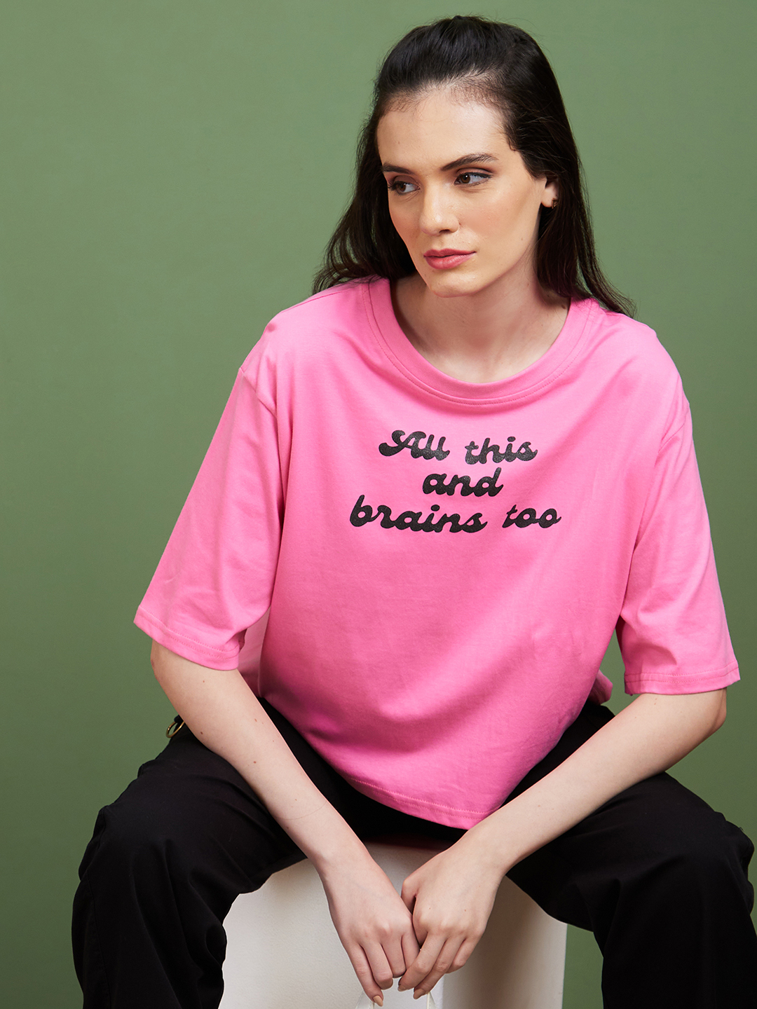 Globus Women Pink Typography Cotton Round Neck Boxy Fit Casual T-Shirt
