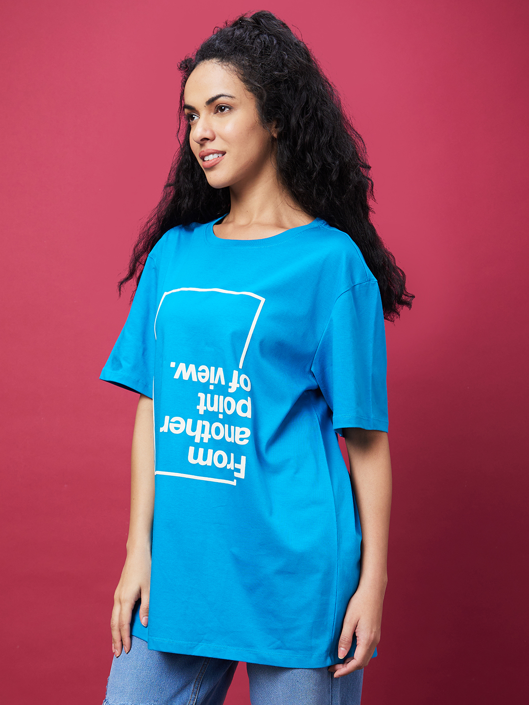 Globus Women Teal Oversized Typography Print Cotton T-Shirt