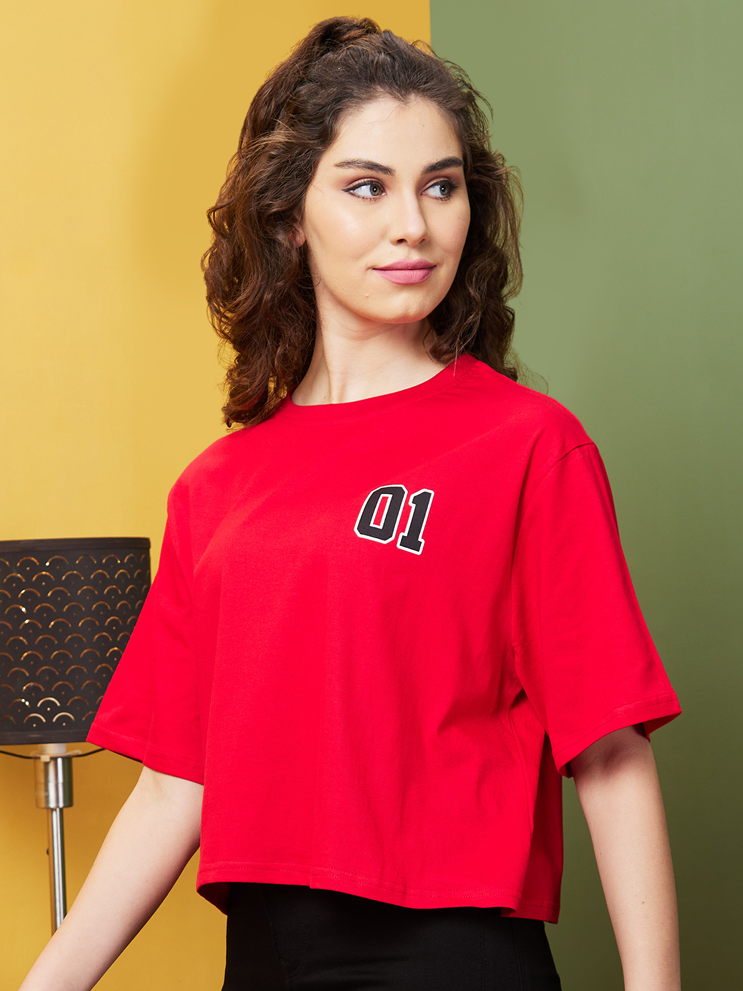 Globus Women Red Boxy Fit Typography Round Neck T-Shirt