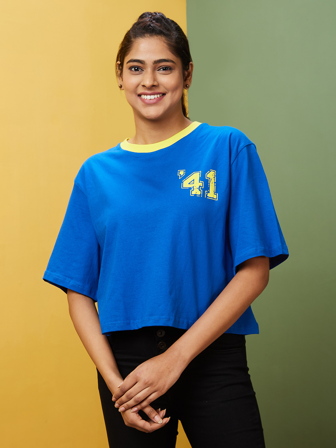 Globus Women Blue Boxy Fit Typography Cotton T-Shirt