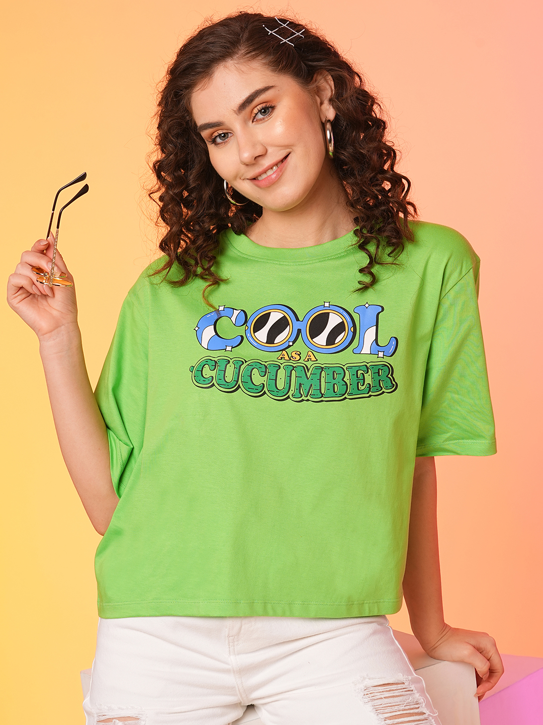 Globus Women Green Boxy Fit Cool Summer T-Shirt