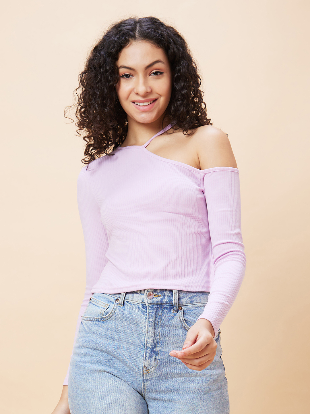 Globus Women Lilac Solid Ribbed One Shoulder Casual Top
