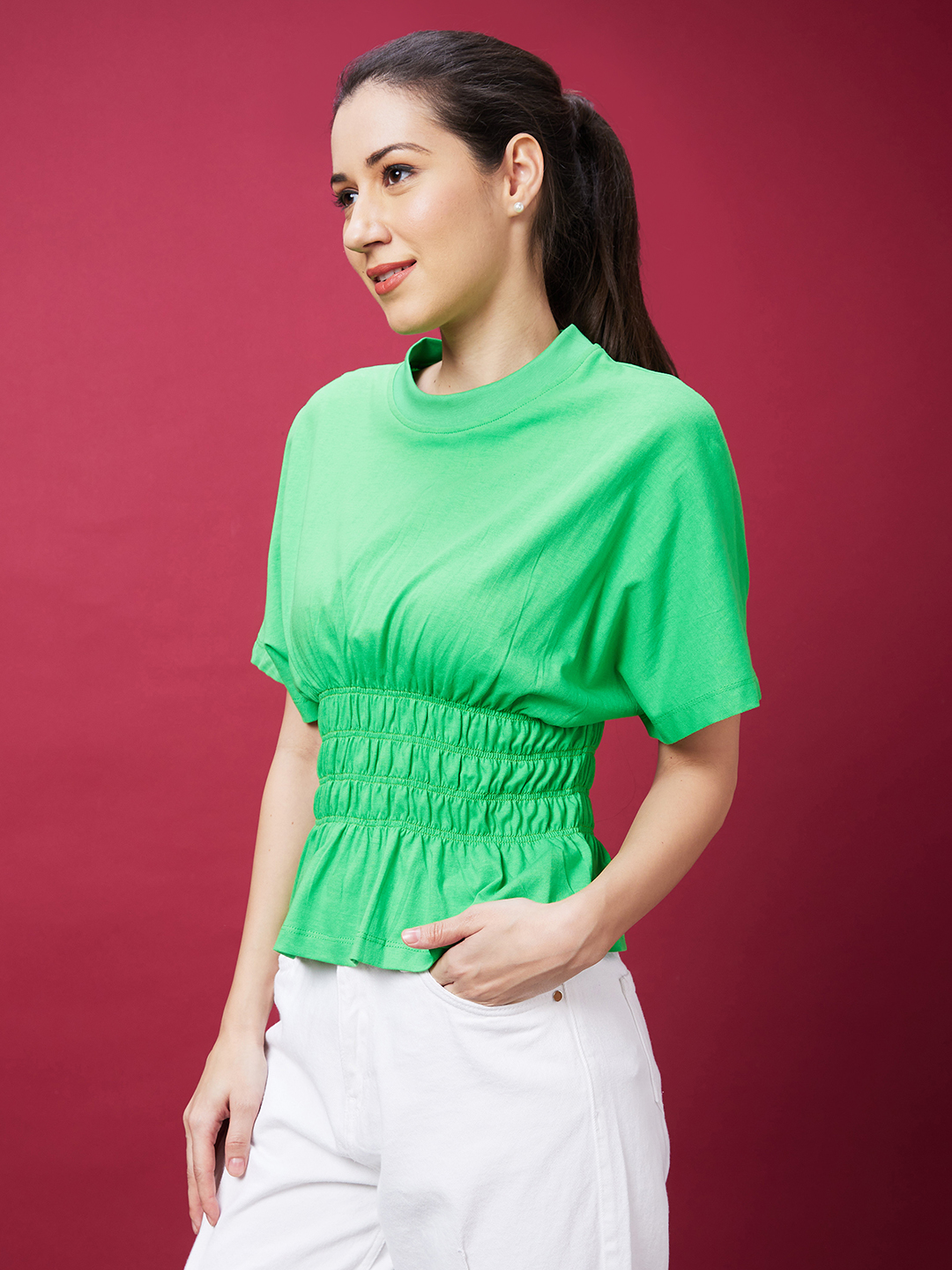 Globus Women Green Solid Round Neck Smocked Casual Top