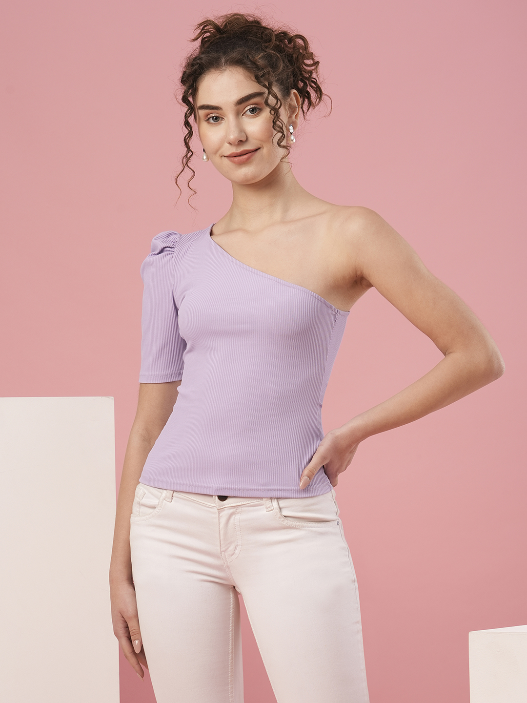 Globus Women Lilac One Shoulder Puff Sleeves Casual Top