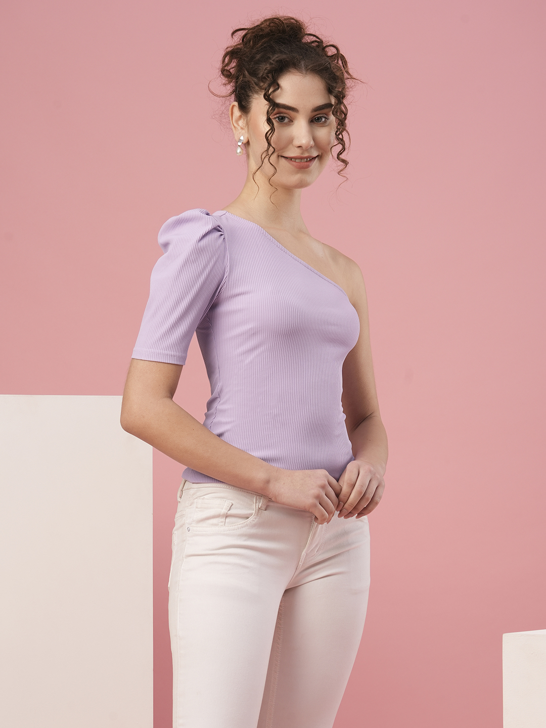 Globus Women Lilac One Shoulder Puff Sleeves Casual Top