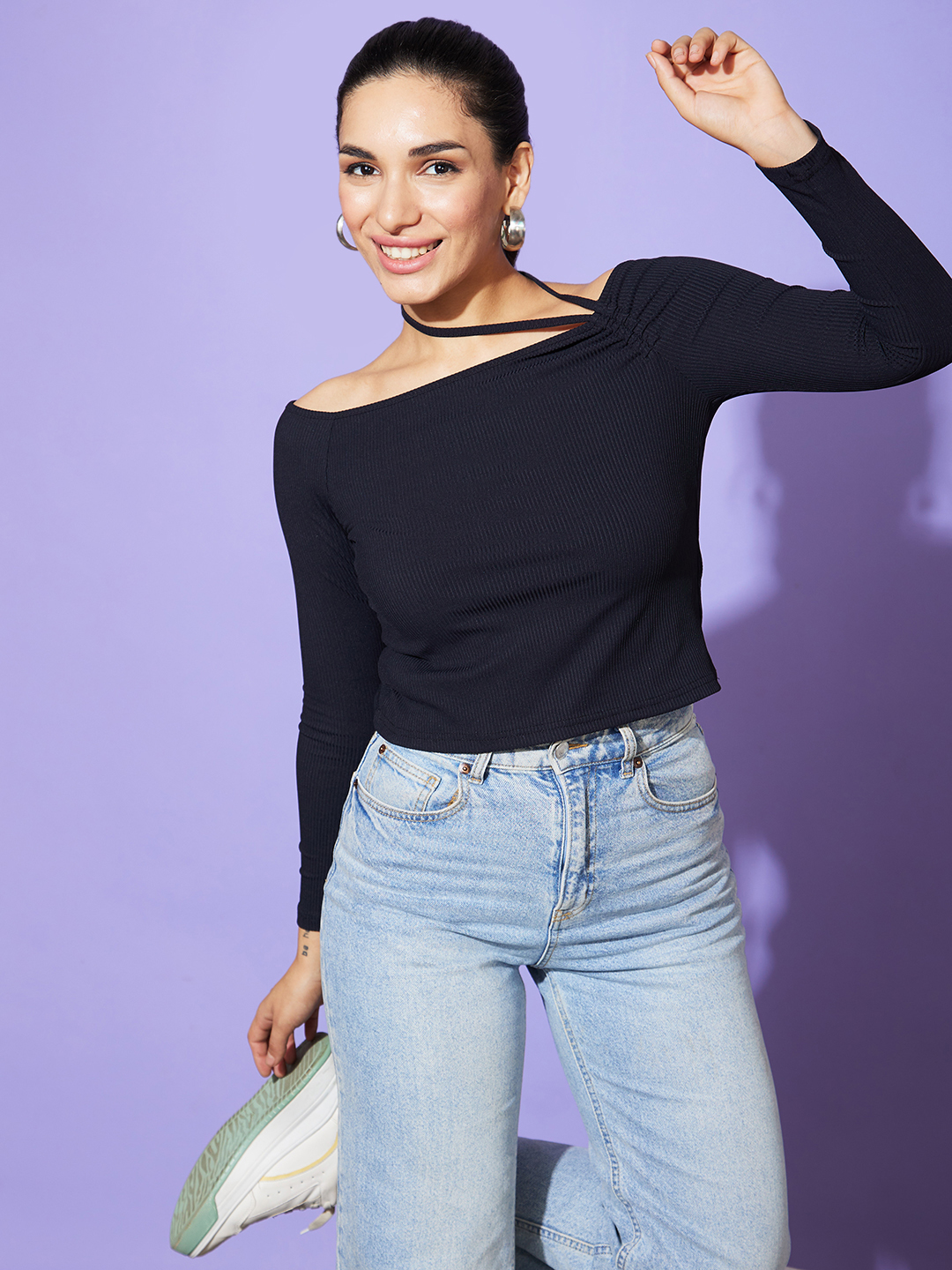 Globus Women Black Cotton Solid Off-Shoulder Slim Fit Casual Top