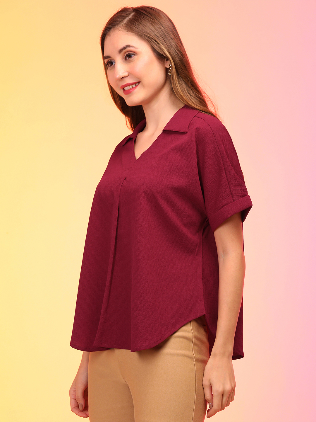 Globus Women Maroon Shirt Collar V-Neck Regular Top
