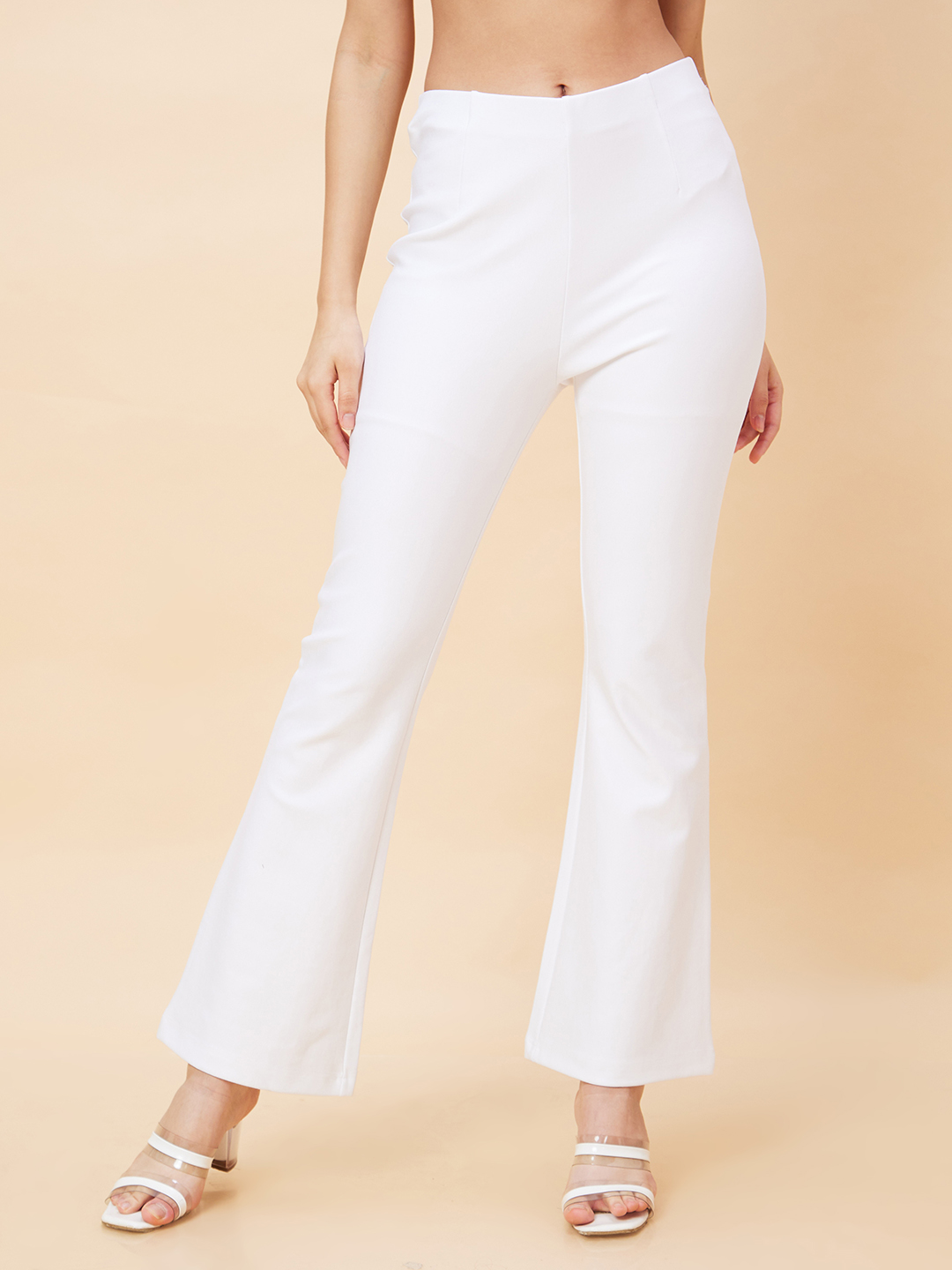 Globus Women White Opaque Stretchable High-Rise Flat Front Bootcut Trousers
