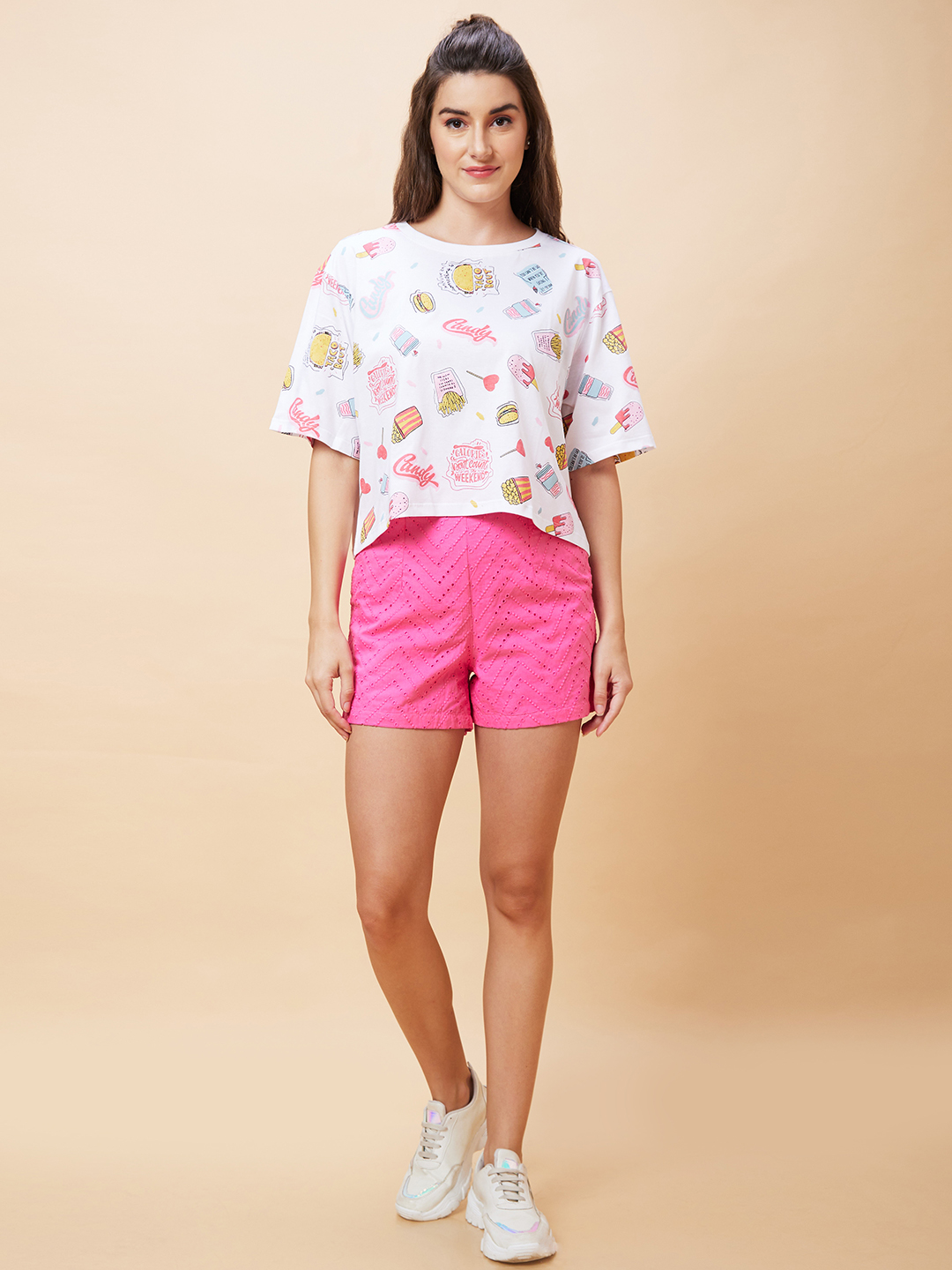 Globus Women Pink Schiffli Self Design High-Rise Casual Shorts