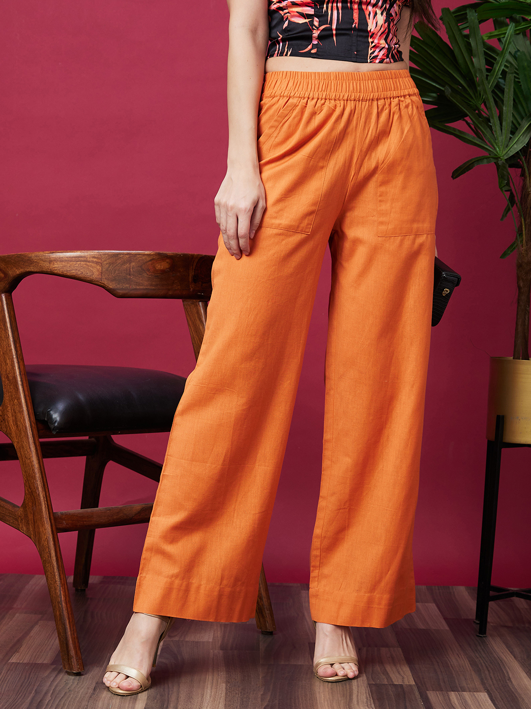 Globus Women Orange Solid High Waisted Casual Parallel Trouser