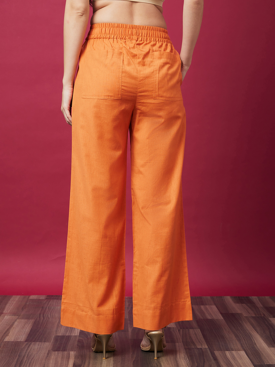 Globus Women Orange Solid High Waisted Casual Parallel Trouser