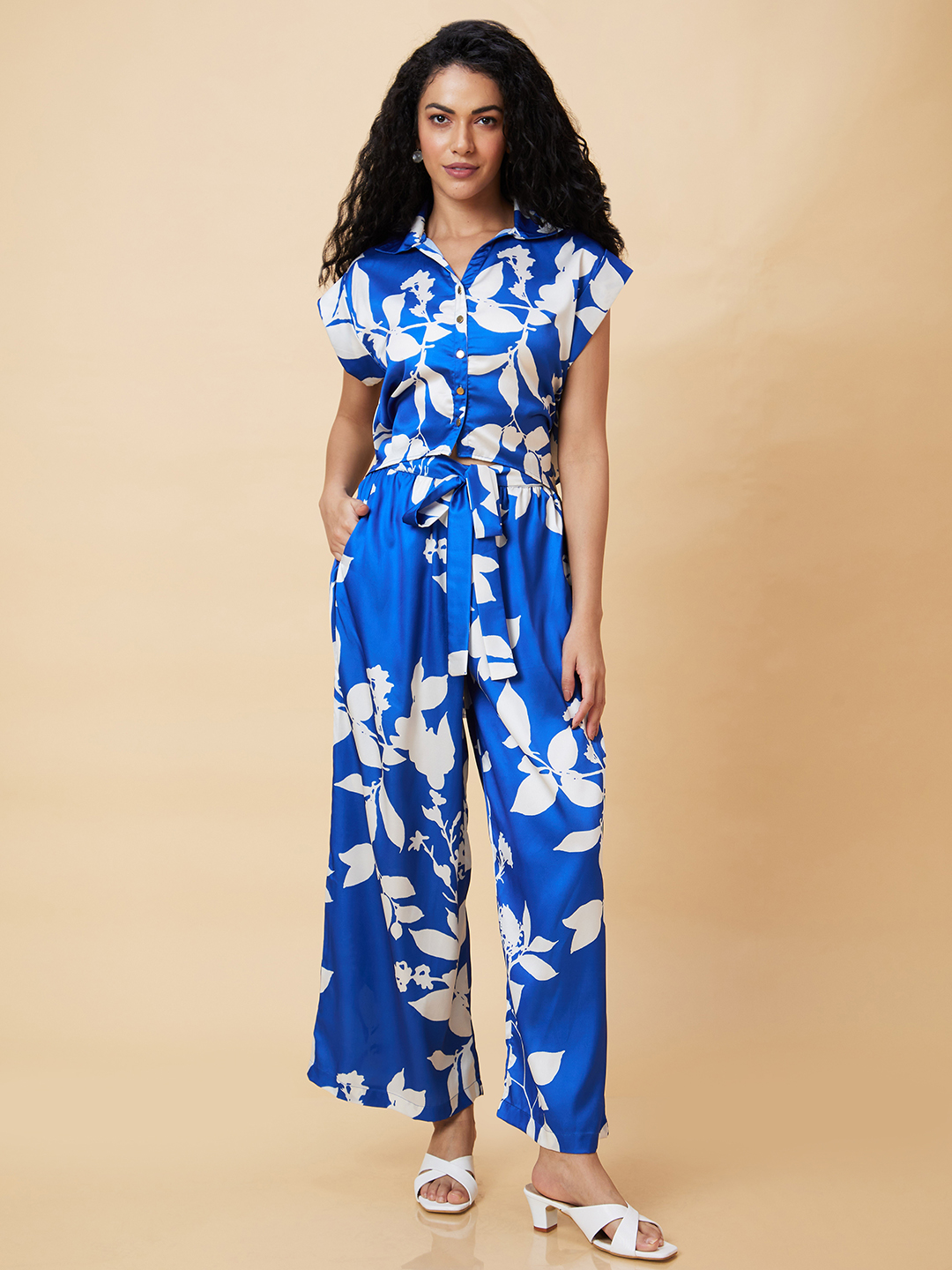 Globus Women Blue Floral Print Casual Co-Ord Set With Top And Palazzo