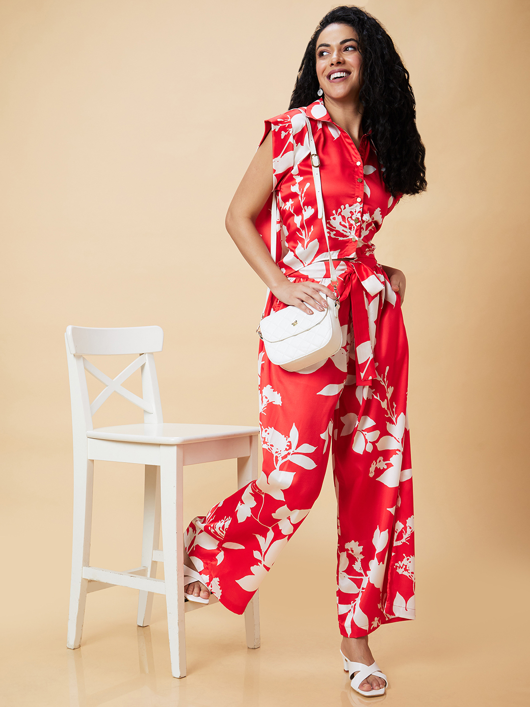Globus Women Red Floral Print Casual Co-Ord Set With Top And Palazzo