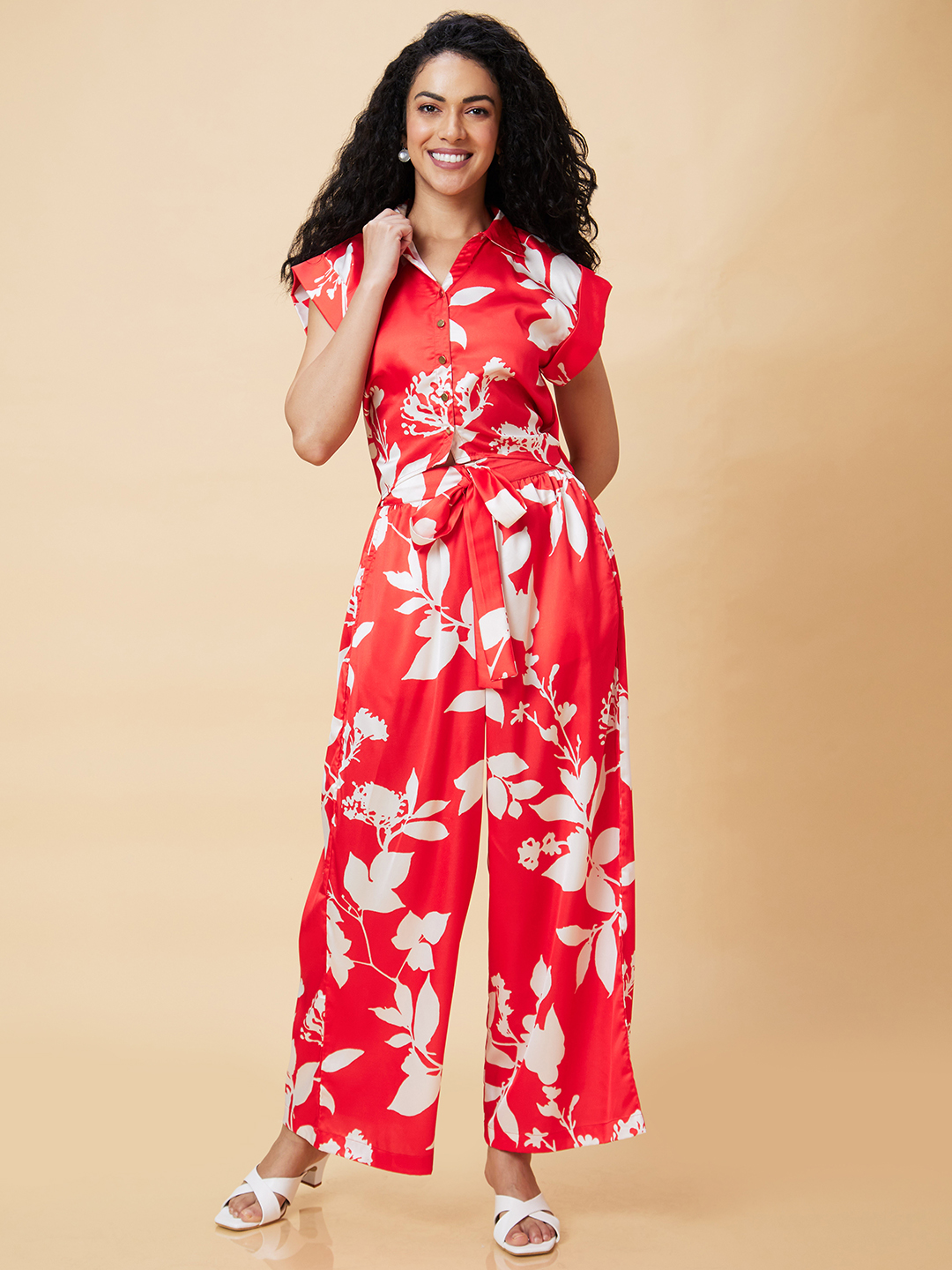 Globus Women Red Floral Print Casual Co-Ord Set With Top And Palazzo