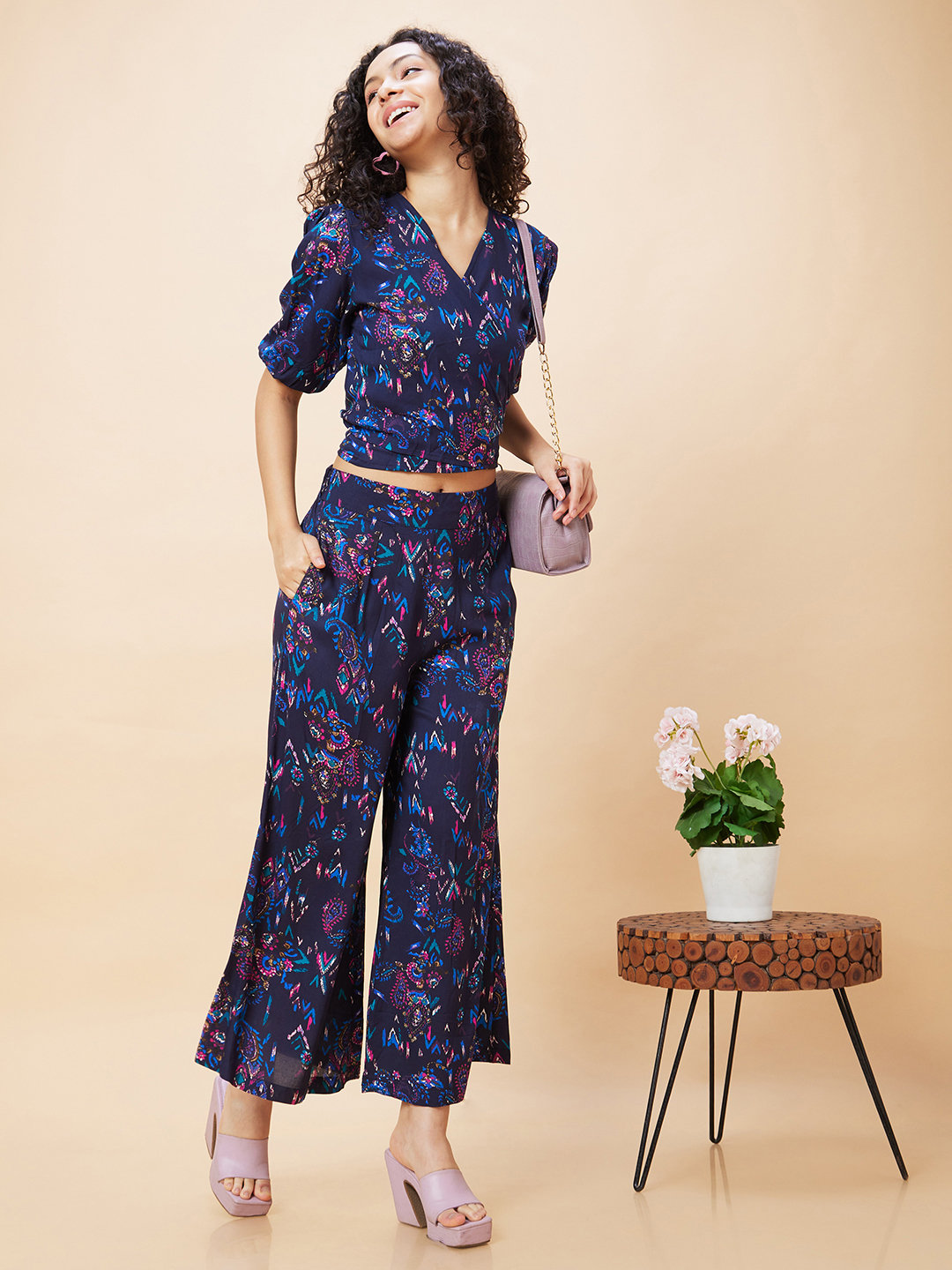 Globus Women Blue Paisley Print Co-Ord Set With Top and Palazzo