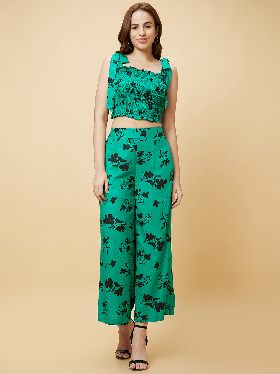 Globus Women Green Printed Casual Co-Ord Set with Smocked Crop Top and Palazzo