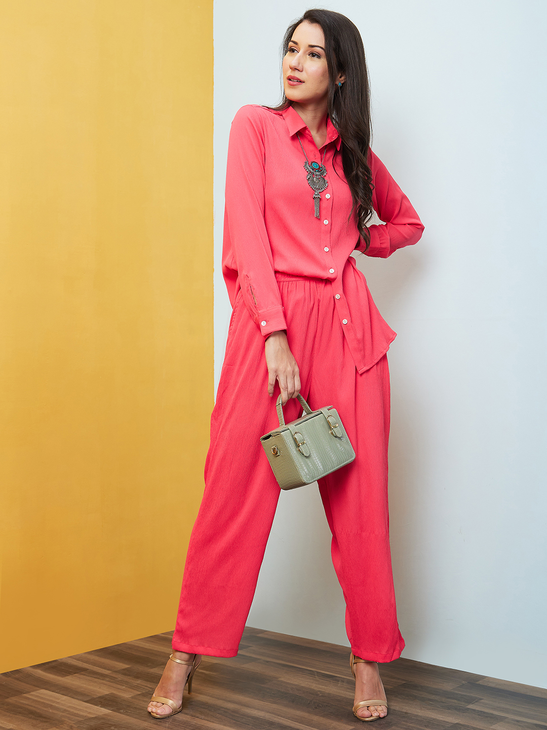 Globus Women Pink Solid Co-Ord With Shirt & Palazzo
