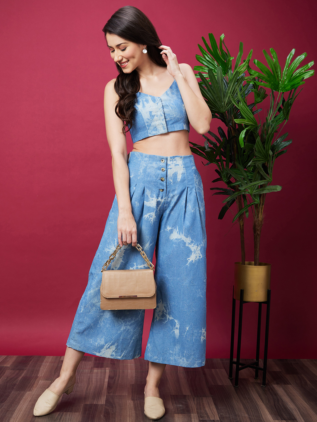 Globus Women Blue Dyed Co-Ord Set With Strappy Top And Trouser