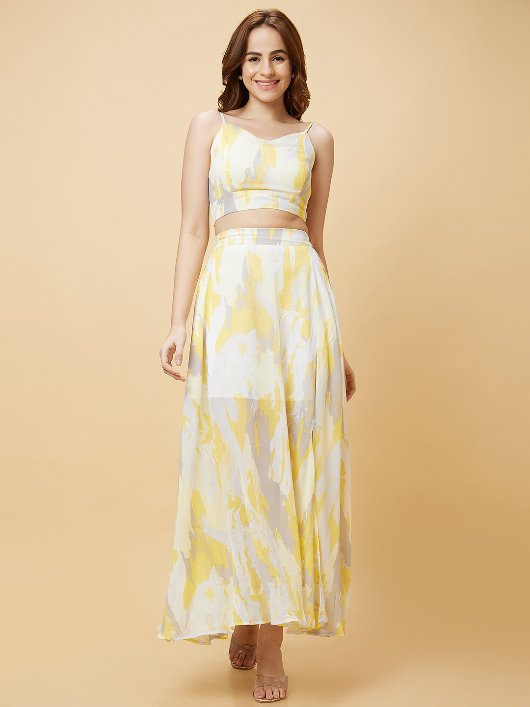 Globus Women Yellow Floral Print Casual Co-Ord Set with Strappy Crop Top and A-Line Skirt