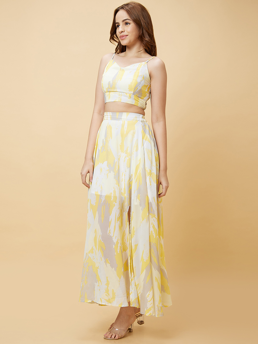 Globus Women Yellow Floral Print Casual Co-Ord Set with Strappy Crop Top and A-Line Skirt