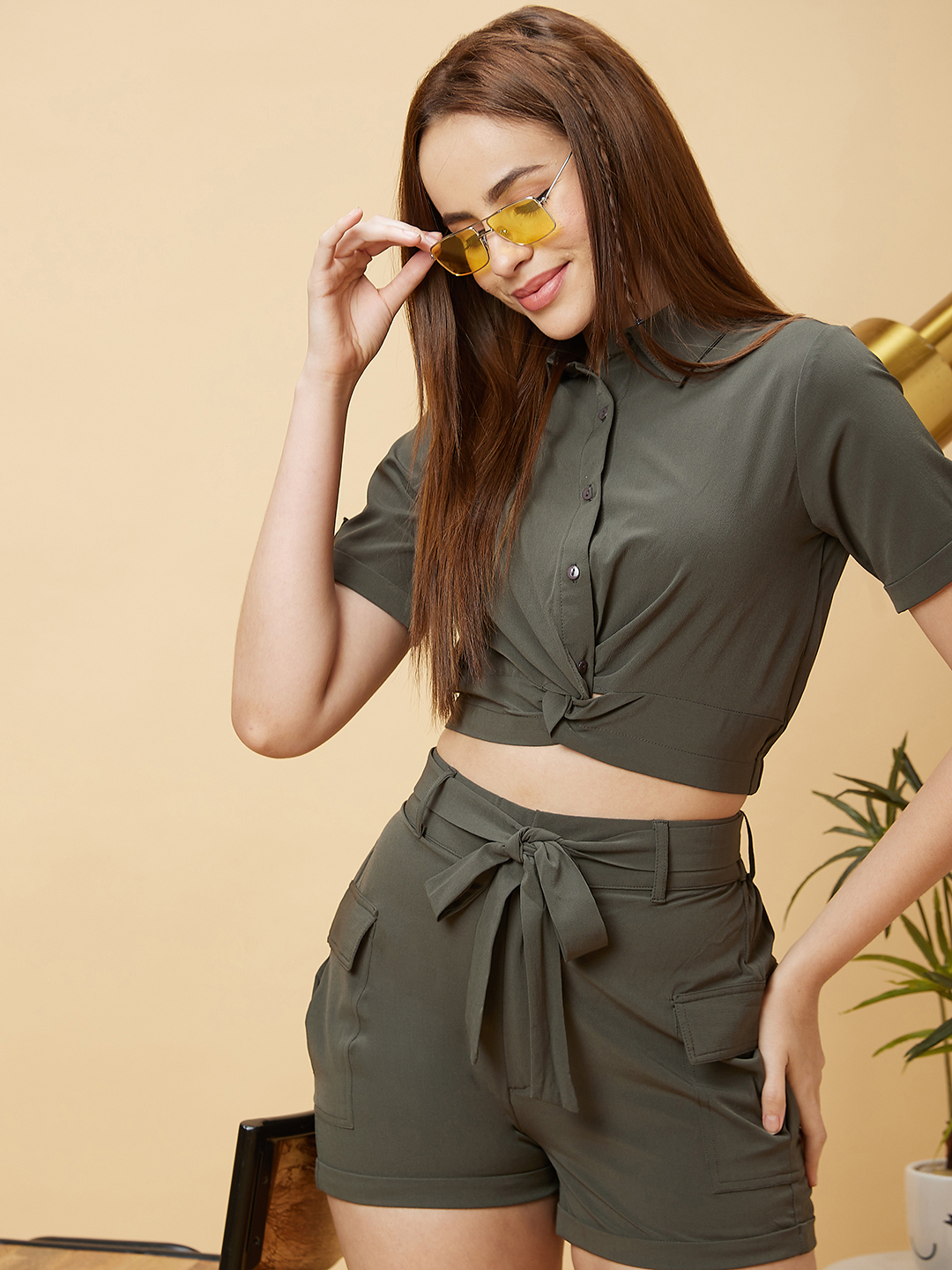 Globus Women Olive Solid Casual Co-Ord Set with Twisted Shirt Style Top and Cargo Shorts