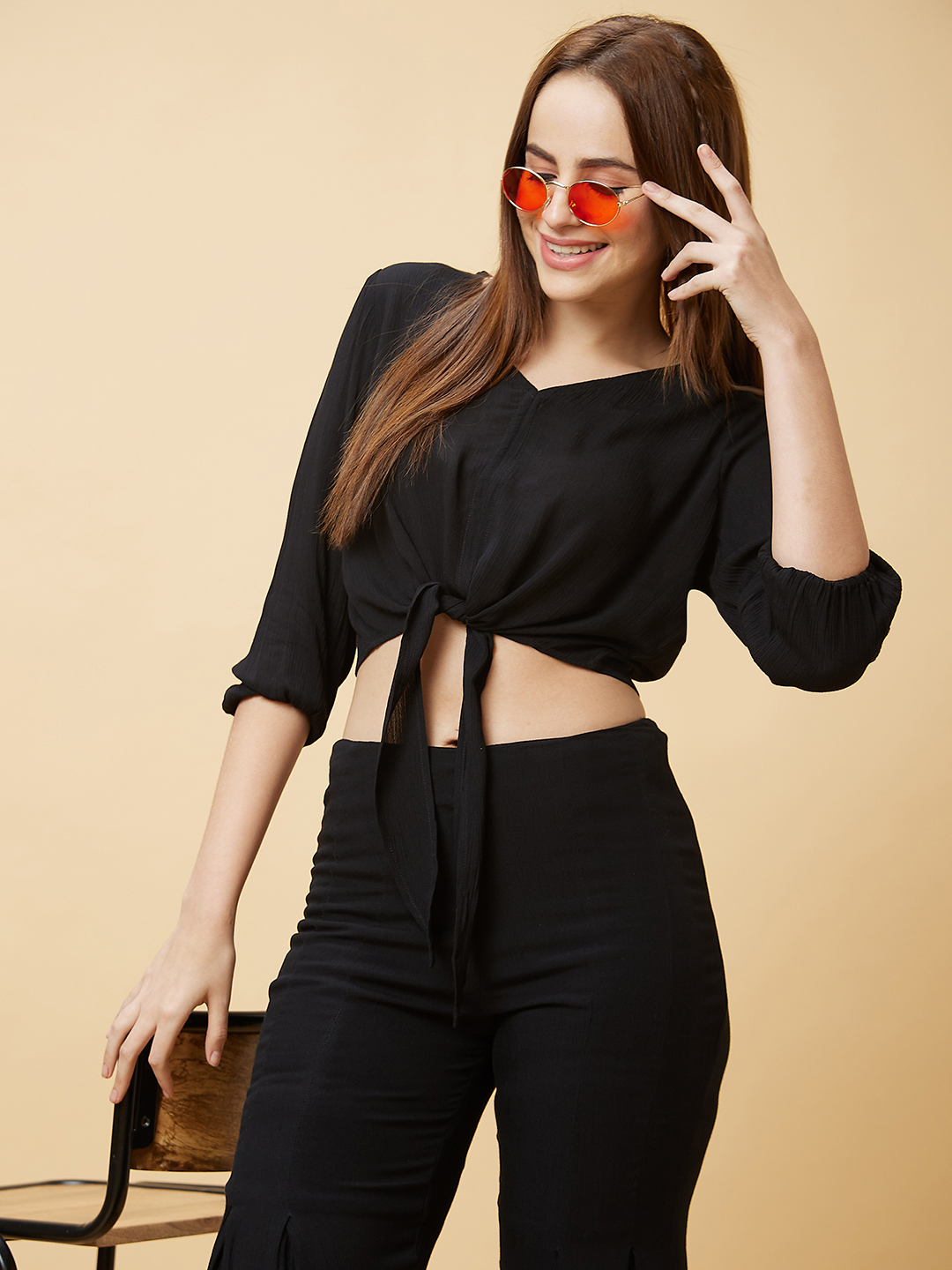 Globus Women Black Solid Casual Co-Ord Set With Crop Top And Palazzo