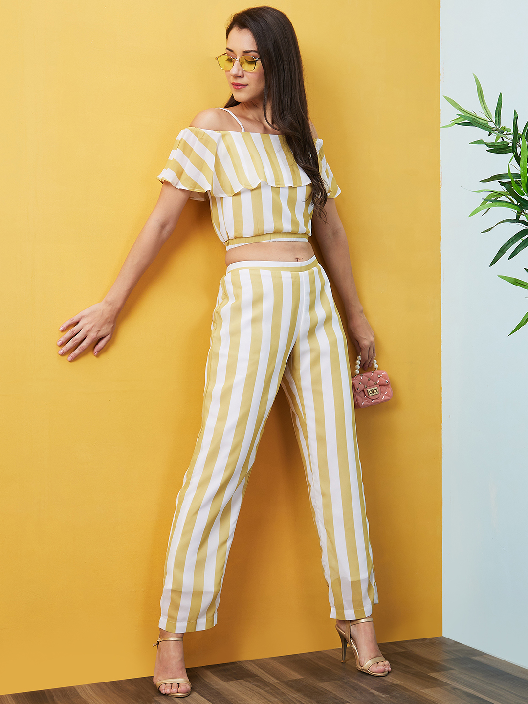 Globus Women Yellow Striped Off-Shoulder Co-Ord With Top & Palazzo