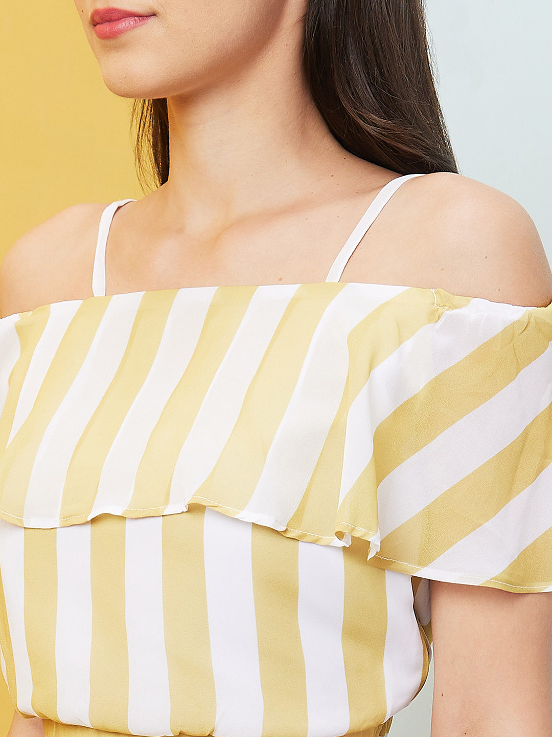 Globus Women Yellow Striped Off-Shoulder Co-Ord With Top & Palazzo