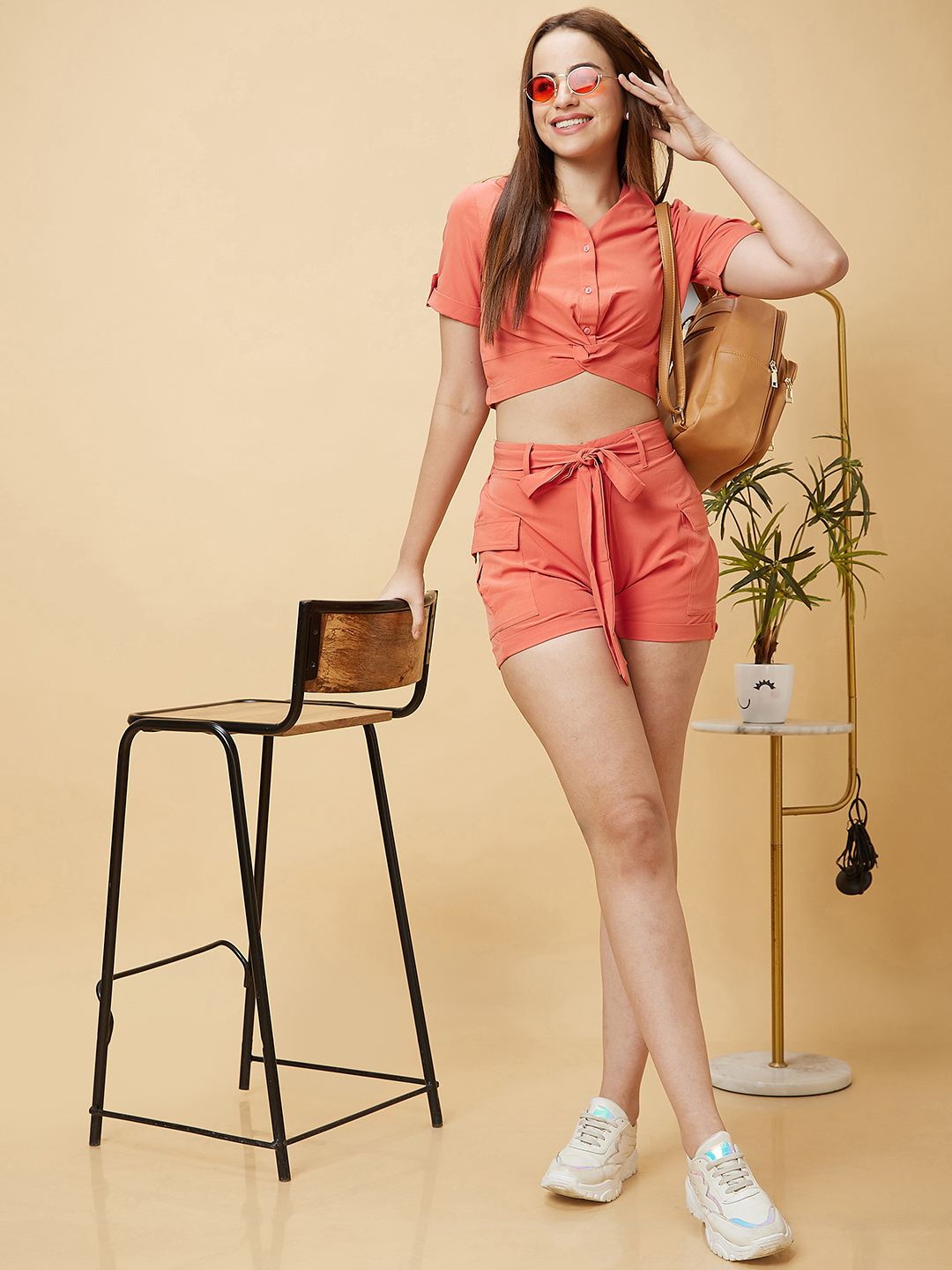 Globus Women Peach Solid Casual Co-Ord Set with Twisted Shirt Style Top and Cargo Shorts