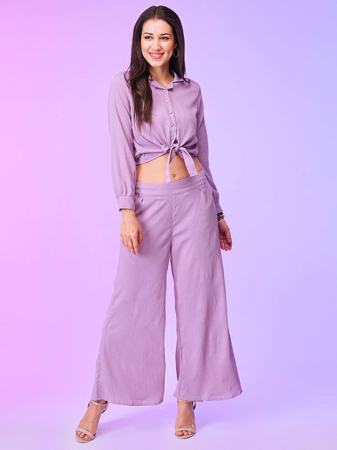 Globus Women Lavender Front Tie Up Top & Palazzos Co-Ord Set