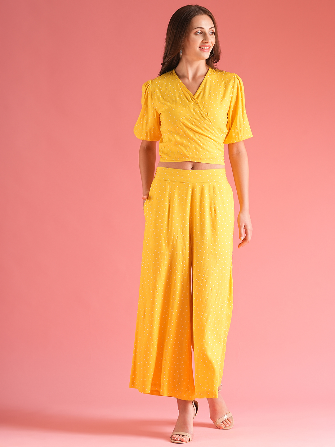 Globus Women Yellow Wrap Tie Back Top With Palazzos Co-Ord Set
