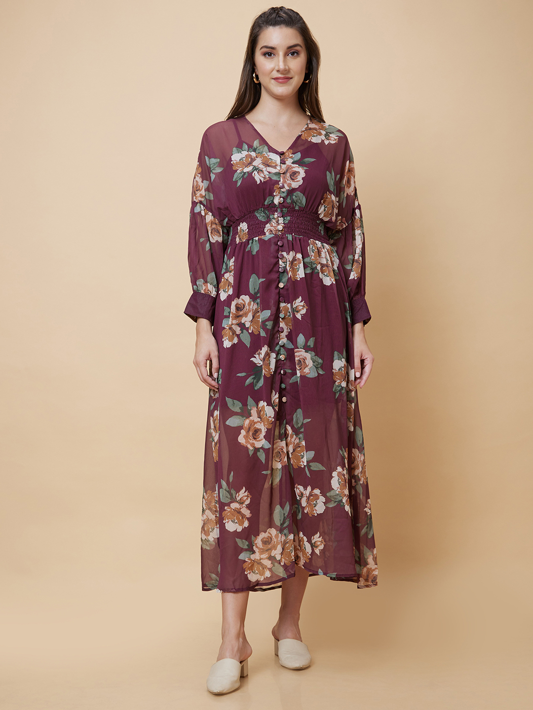 Globus Women Brown Floral Print V-Neck Smocked Casual Fit And Flare Maxi Dress
