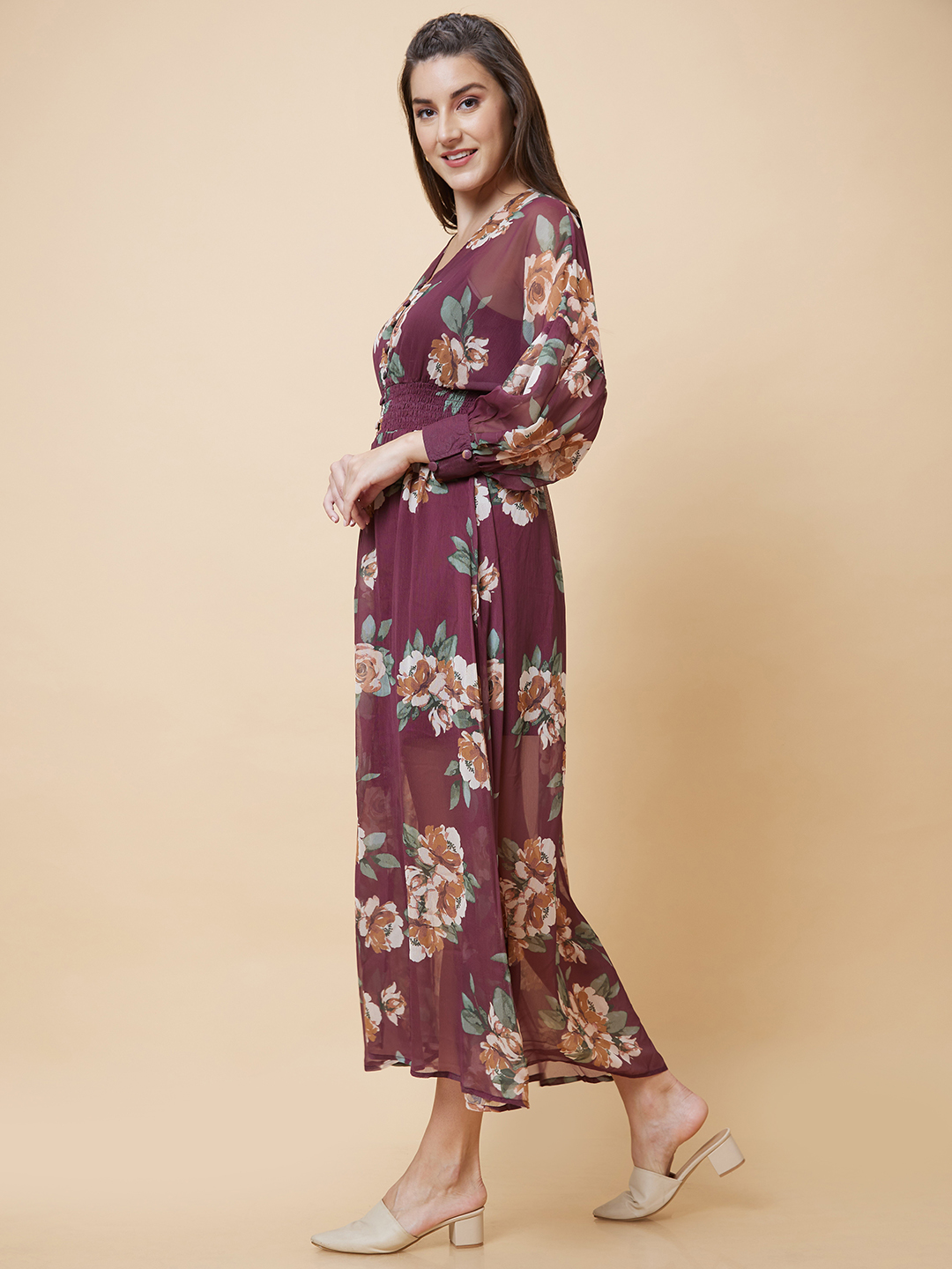 Globus Women Brown Floral Print V-Neck Smocked Casual Fit And Flare Maxi Dress