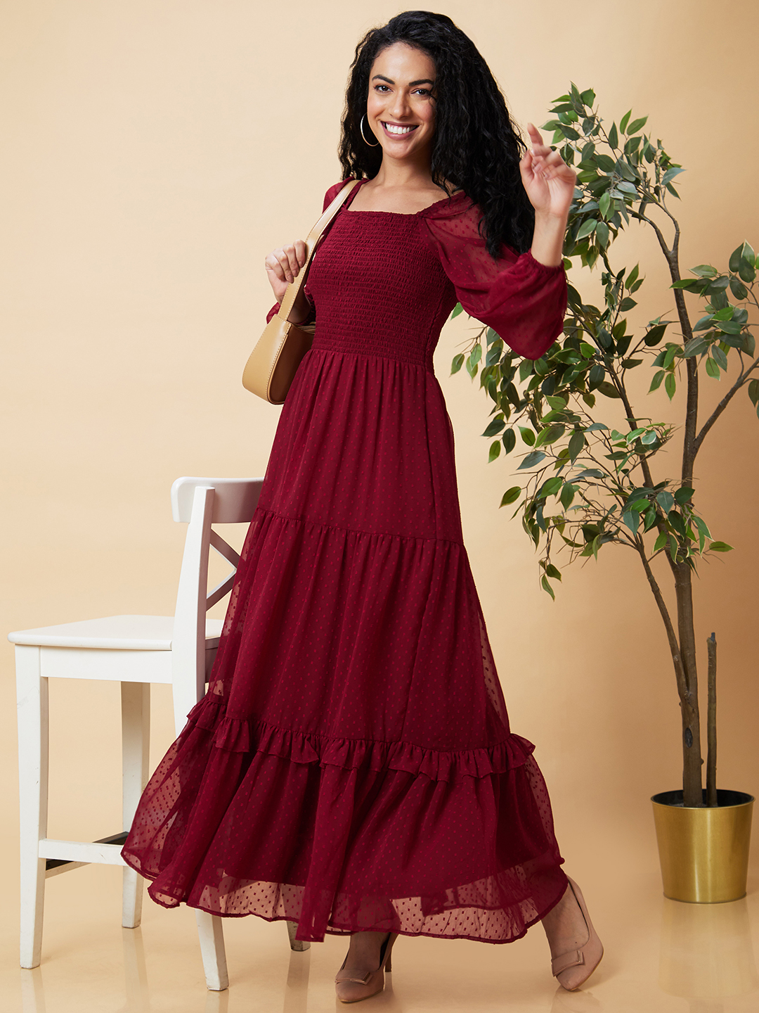 Globus Women Maroon Self Design Smocked Square Neck Casual Fit And Flare Tiered Maxi Dress