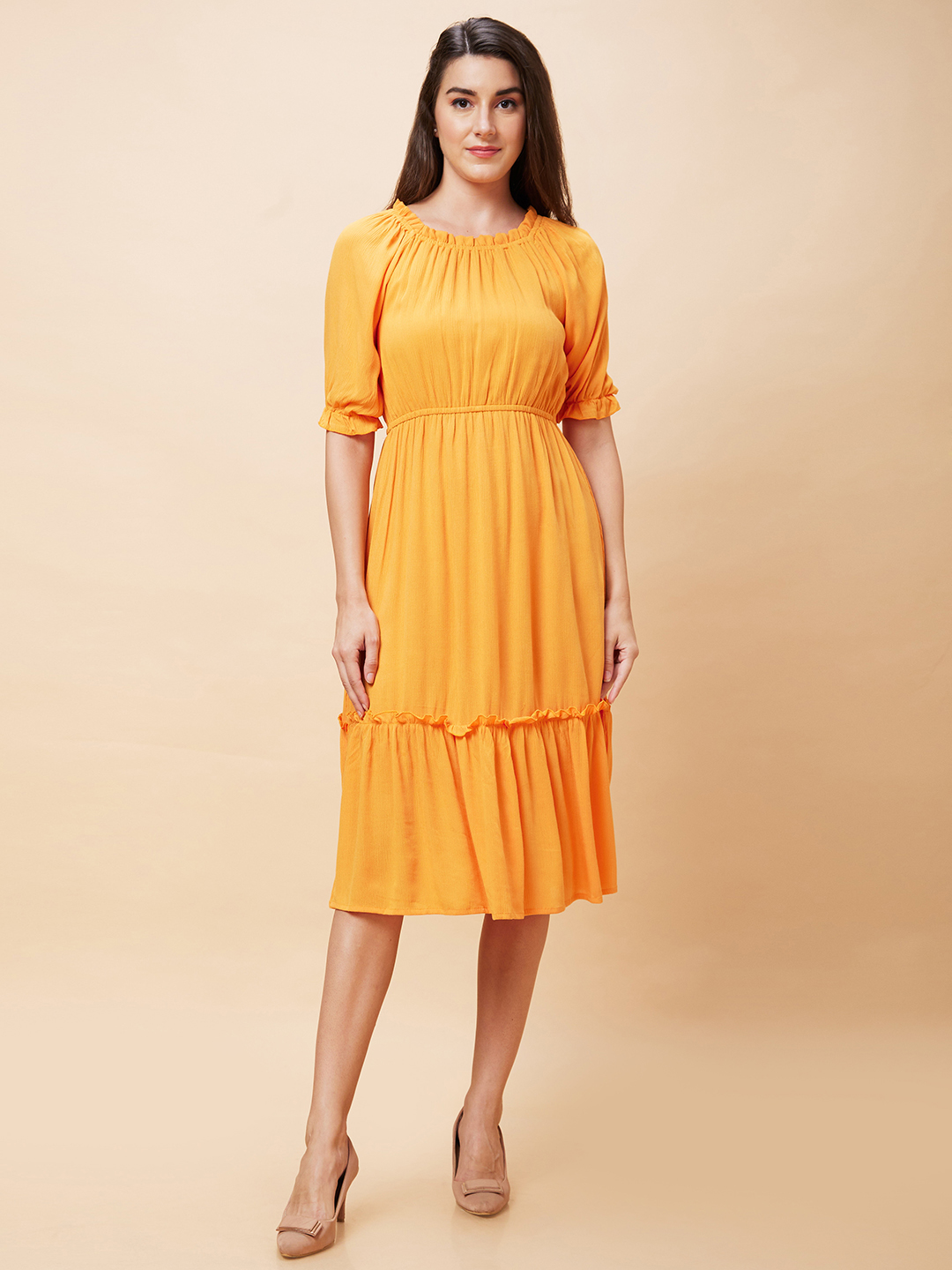 Globus Women Orange Solid Round Neck Casual Fit And Flare Midi Dress