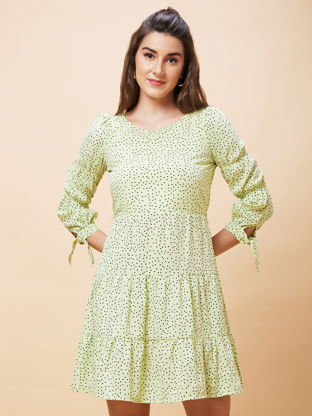 Globus Women Lime Green Polka Dots Print Round Neck Casual Fit And Flare Dress