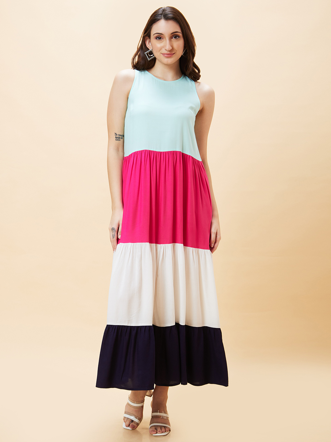 Globus Women Multicolour Colourblocked Round Neck Sleeveless Maxi Dress