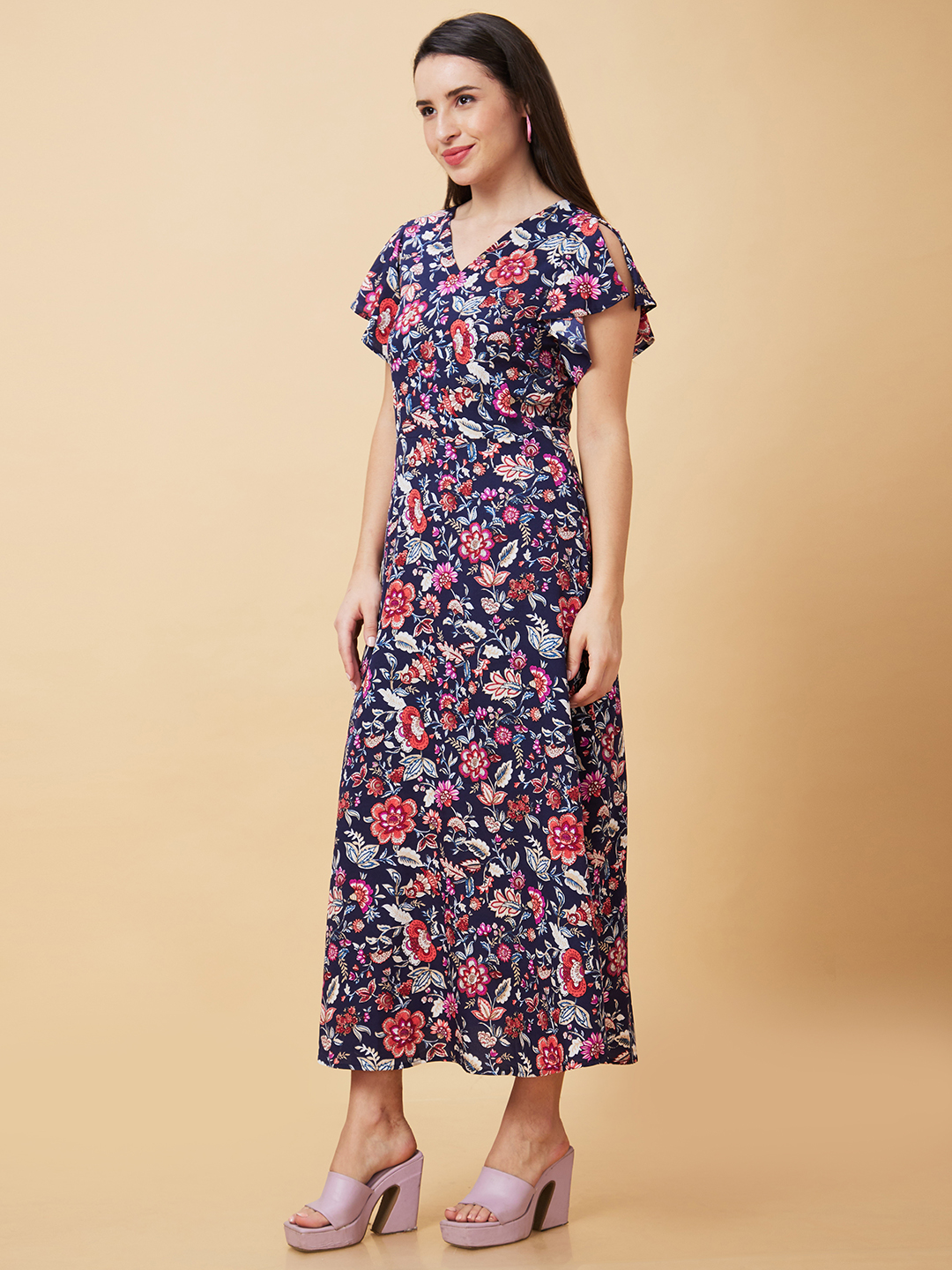 Globus Women Navy Floral Print V-Neck Casual Maxi A-Line Dress