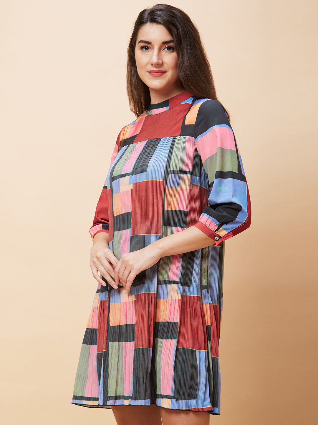 Globus Women Multicolour Colourblocked High Neck Casual A-Line Dress