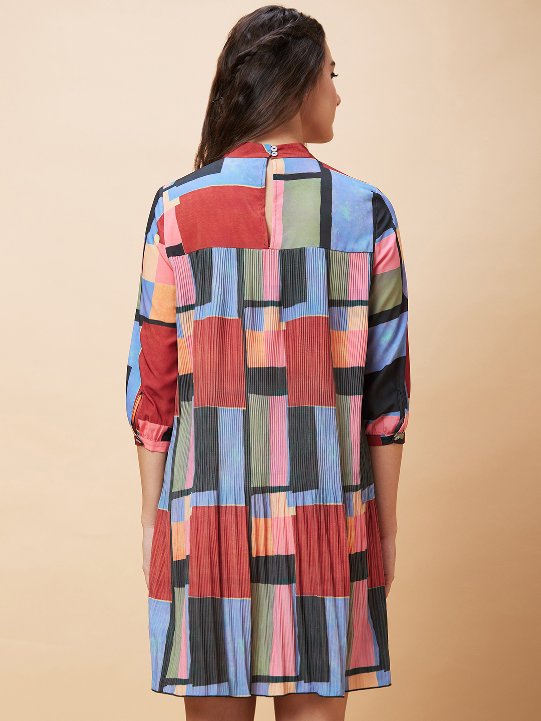 Globus Women Multicolour Colourblocked High Neck Casual A-Line Dress