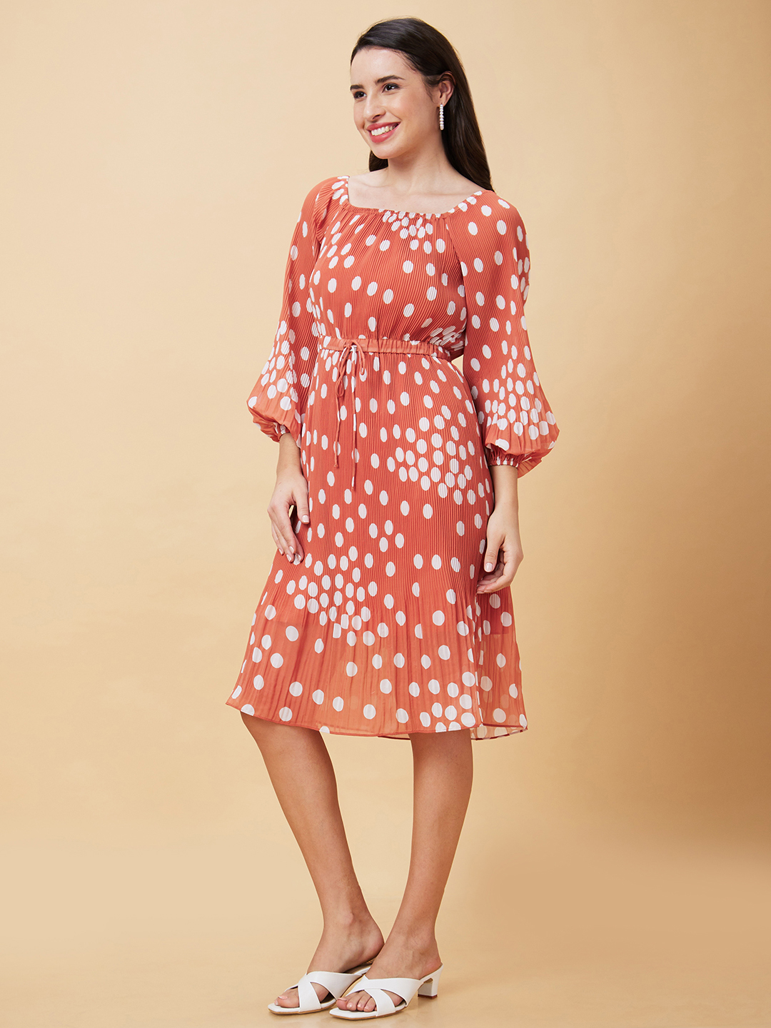 Globus Women Brown Polka Dots Print Square Neck Casual Waist Tie Up Fit And Flare Pleated Dress