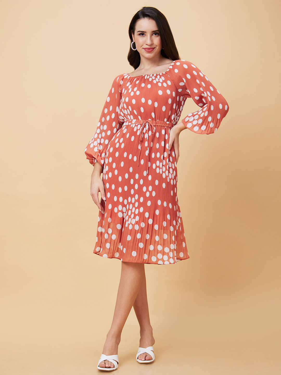 Globus Women Brown Polka Dots Print Square Neck Casual Waist Tie Up Fit And Flare Pleated Dress
