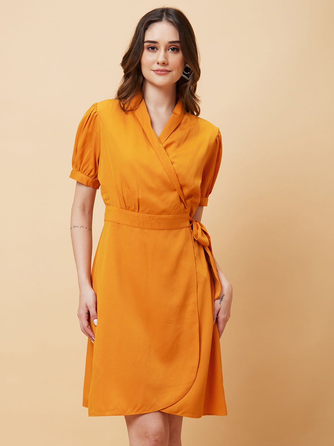 Globus Women Mustard Solid Wrap Fit and Flare Dress