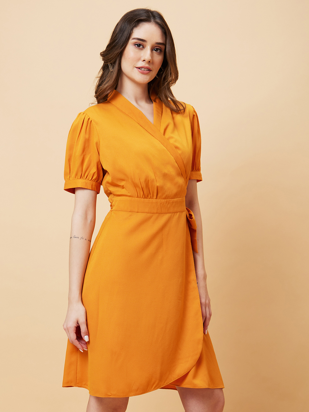 Globus Women Mustard Solid Wrap Fit and Flare Dress