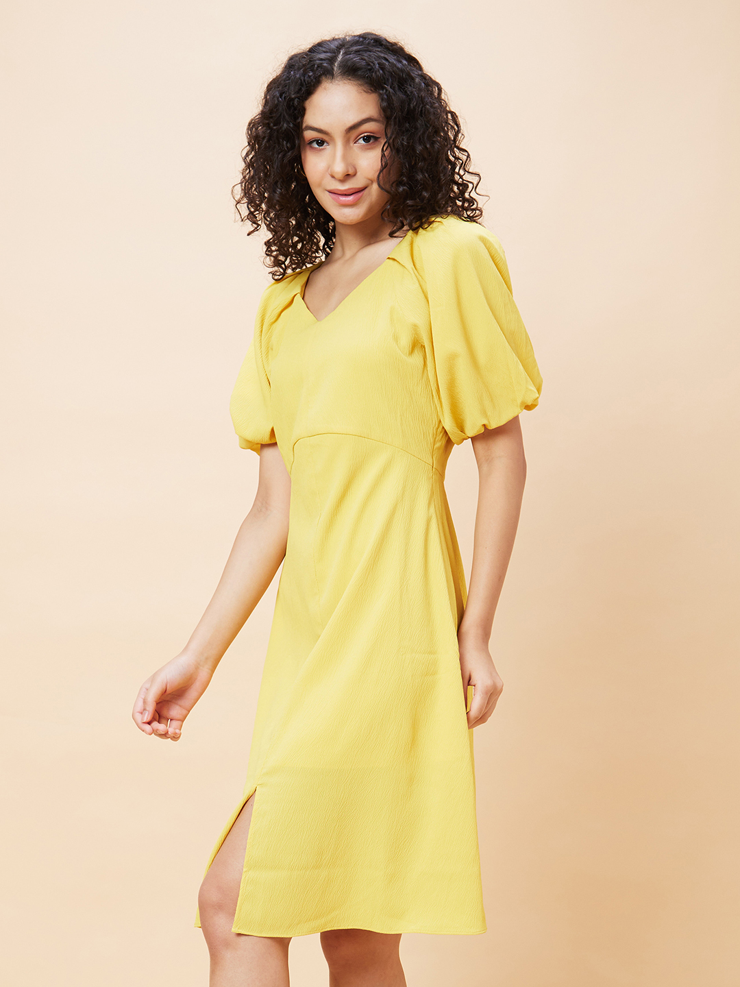 Globus Women Yellow Solid V-Neck Casual A-Line Dress